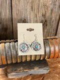 Turquoise concho fishhook earrings, round silver discs with blue center stones