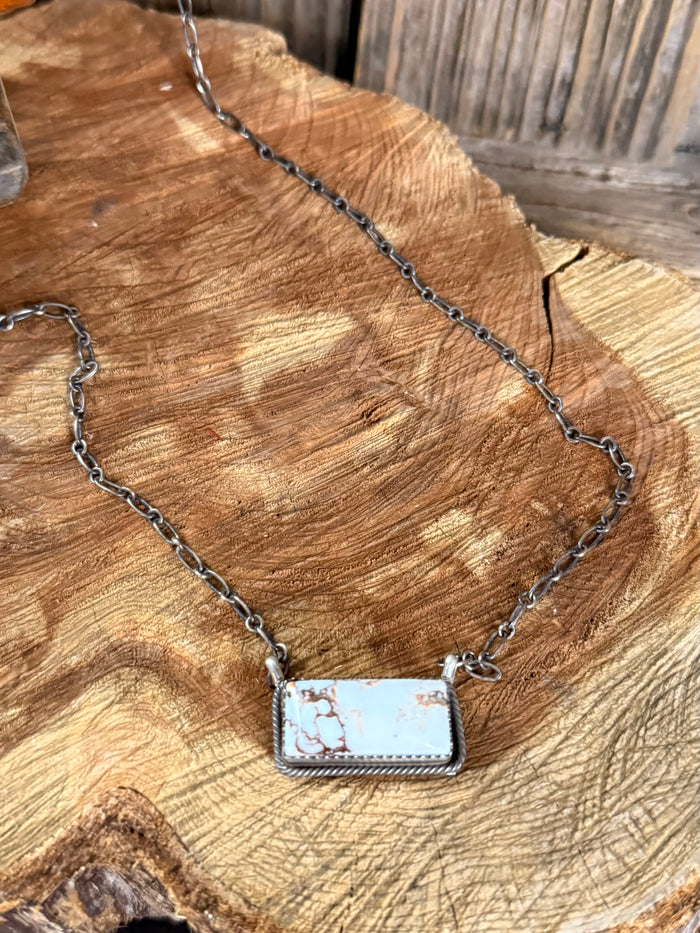 Sterling silver wild horse necklace with linked chain and square-edged rectangular pendant