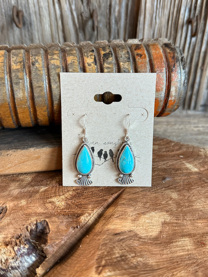 Turquoise teardrop fan fishhook earrings in silver-tone metal.