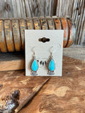 Turquoise teardrop fan fishhook earrings in silver-tone metal.