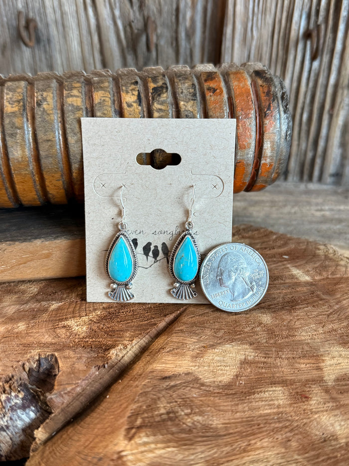 Turquoise teardrop fan fishhook earrings, silver-tone metal set beside coin for size.