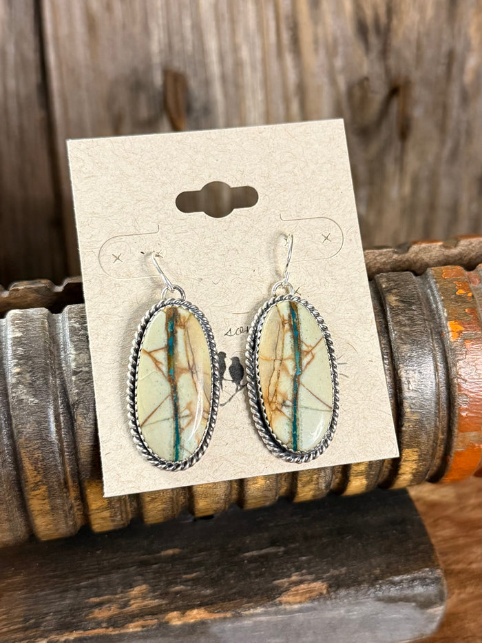 Pair of silver beaded oval turquoise ribbon dangle earrings with fishhook backs