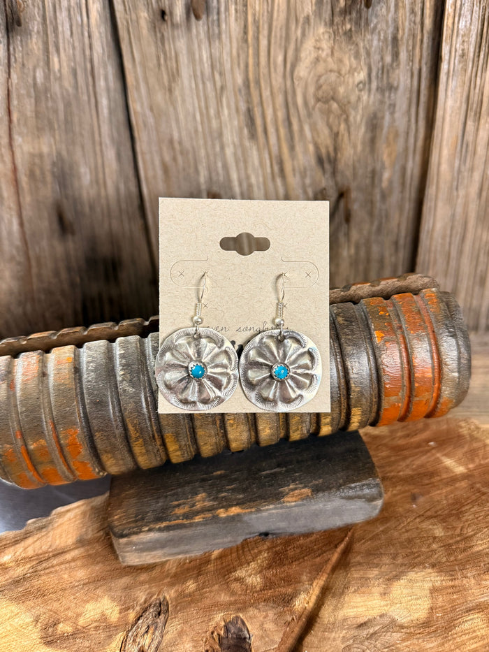 Silver flower concho fishhook earrings with turquoise teardrop accents