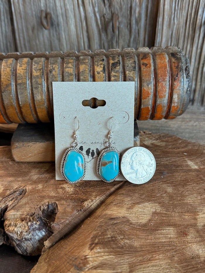 Turquoise oval fishhook earrings, sterling silver with rope-textured scalloped frame
