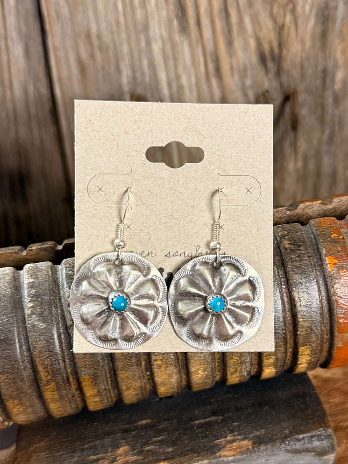Silver concho flower dangle earrings with turquoise center stones on fishhooks