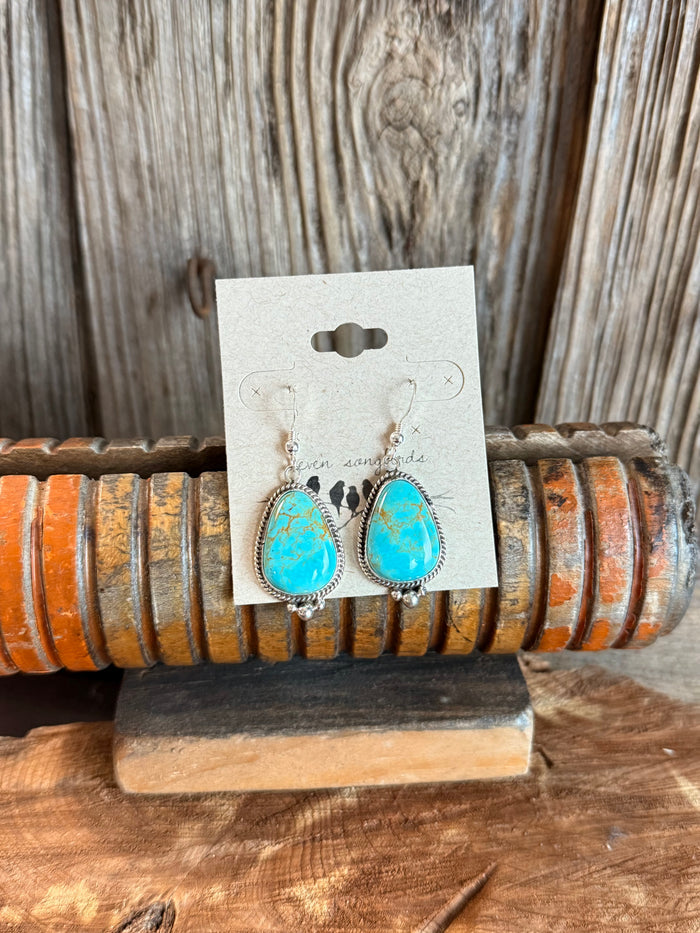 Turquoise teardrop fishhook earrings with silver beaded edging