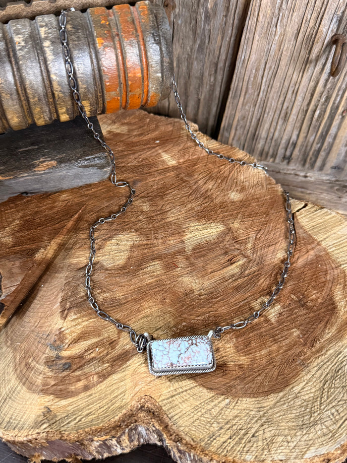 Sterling silver chain necklace with rectangular blue and pink wild horse pendant