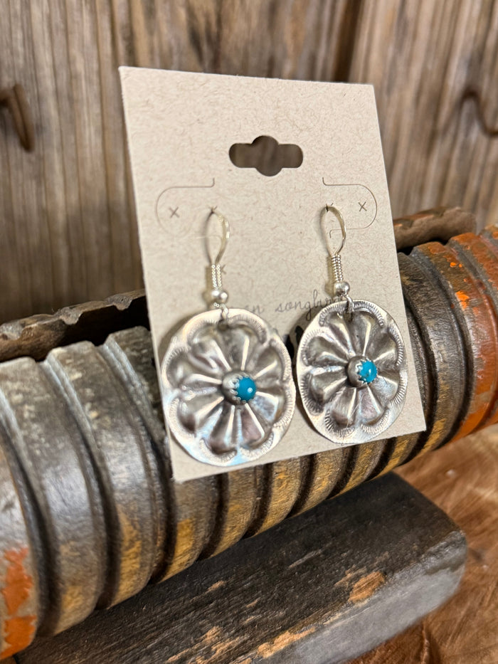 Silver flower concho fishhook earrings with blue turquoise center stones