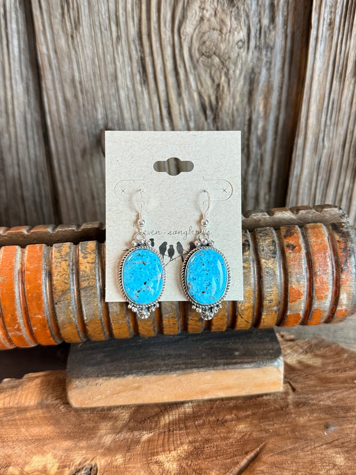 Turquoise oval fishhook earrings with sterling silver scalloped bezel
