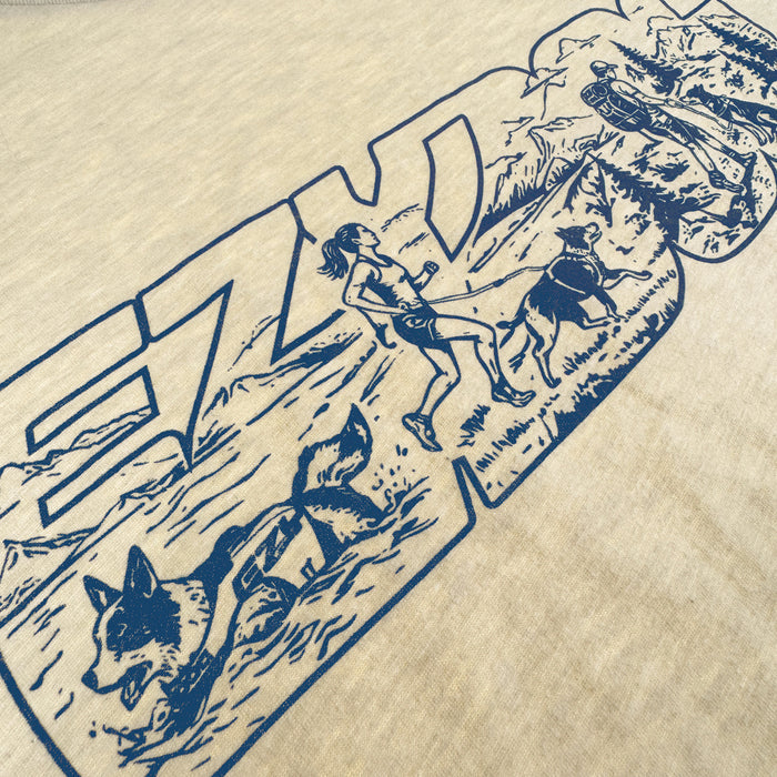 Closeup image of EzyDog adventure t-shirt which showcases the print quality as well as a closer look at the design