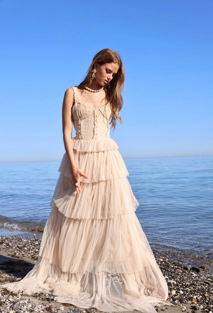 Amy Jane London Champagne Regency Era Corset Bodice Tulle Florence Gown - House Of Huntington