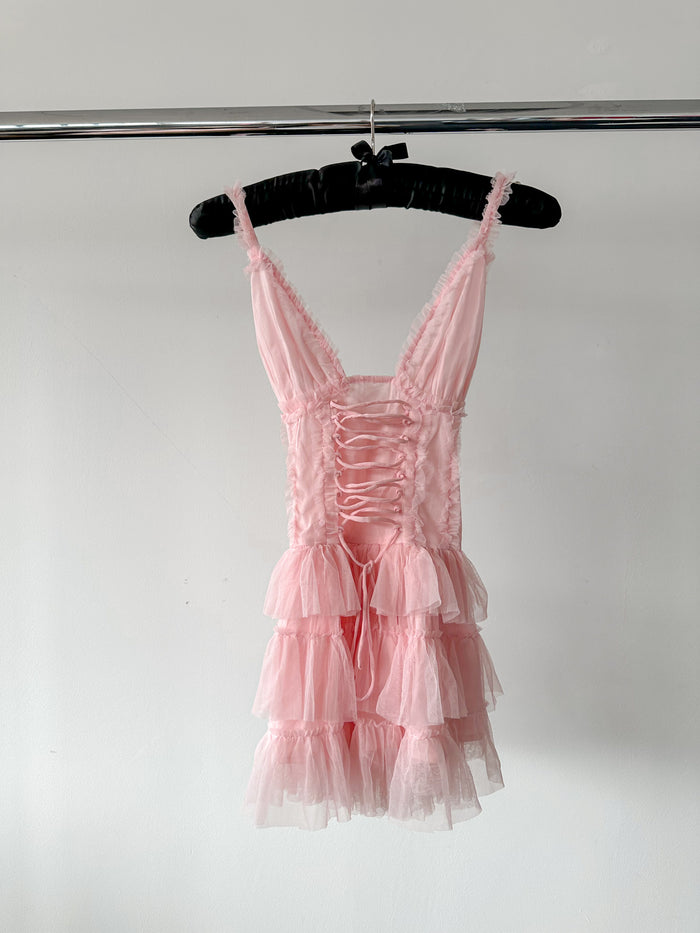 Amy Jane London Pink Iris Lace Coquette Corset Bodice Tiered Ruffle Tulle Hem Mini Dress - House Of Huntington