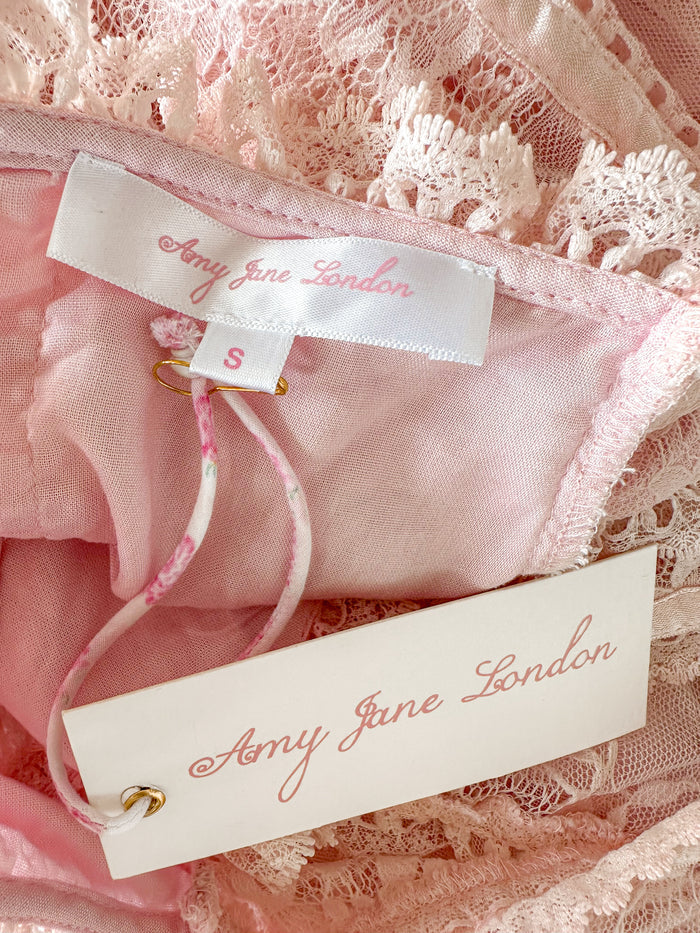 Amy Jane London Pink Iris Lace Coquette Corset Bodice Tiered Ruffle Tulle Hem Mini Dress - House Of Huntington