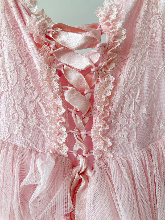 Amy Jane London Pink Iris Lace Coquette Corset Bodice Tiered Ruffle Tulle Hem Mini Dress - House Of Huntington