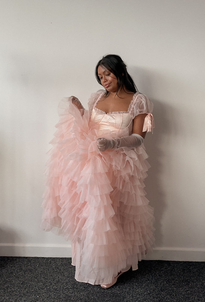 Amy Jane London Pink Kitty Fairytale Satin Corset Bodice Tiered Tulle Hem Maxi Gown Dress