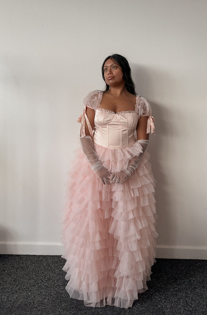 Amy Jane London Pink Kitty Fairytale Satin Corset Bodice Tiered Tulle Hem Maxi Gown Dress