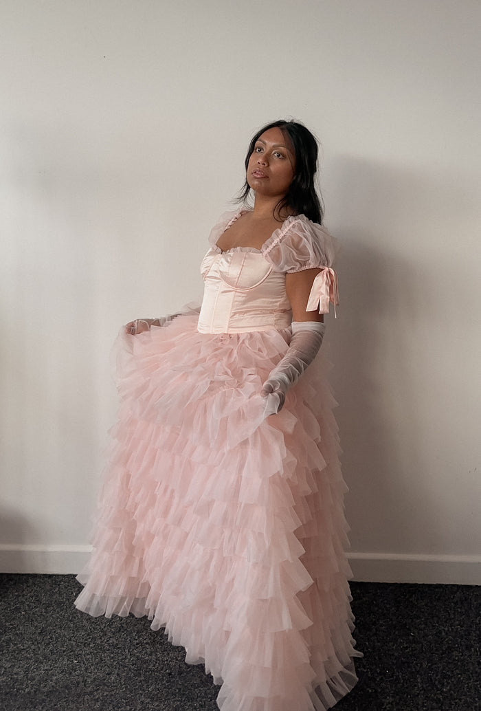 Amy Jane London Pink Kitty Fairytale Satin Corset Bodice Tiered Tulle Hem Maxi Gown Dress