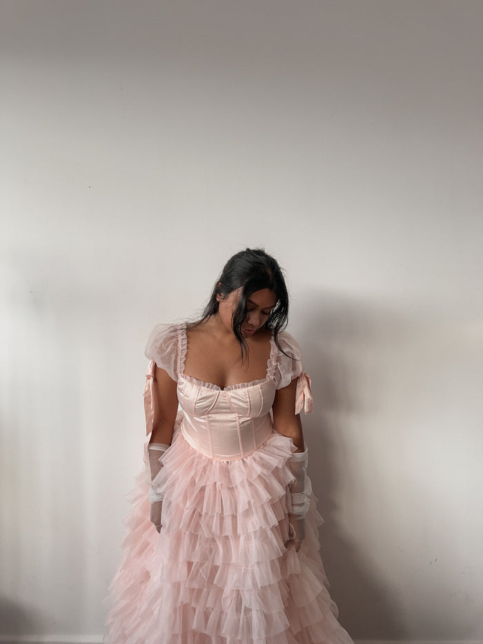 Amy Jane London Pink Kitty Fairytale Satin Corset Bodice Tiered Tulle Hem Maxi Gown Dress