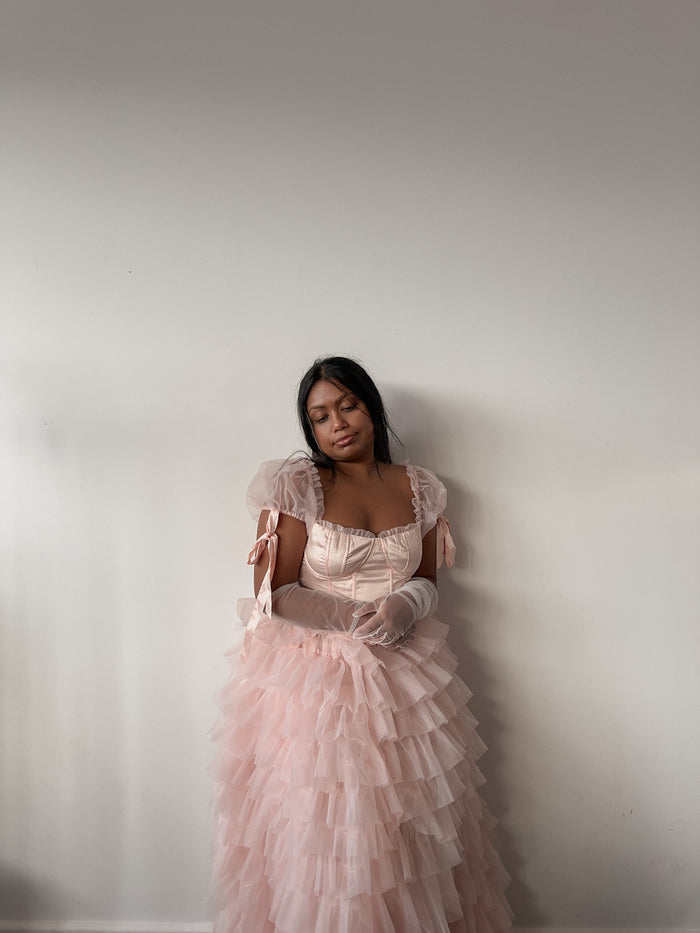 Amy Jane London Pink Kitty Fairytale Satin Corset Bodice Tiered Tulle Hem Maxi Gown Dress