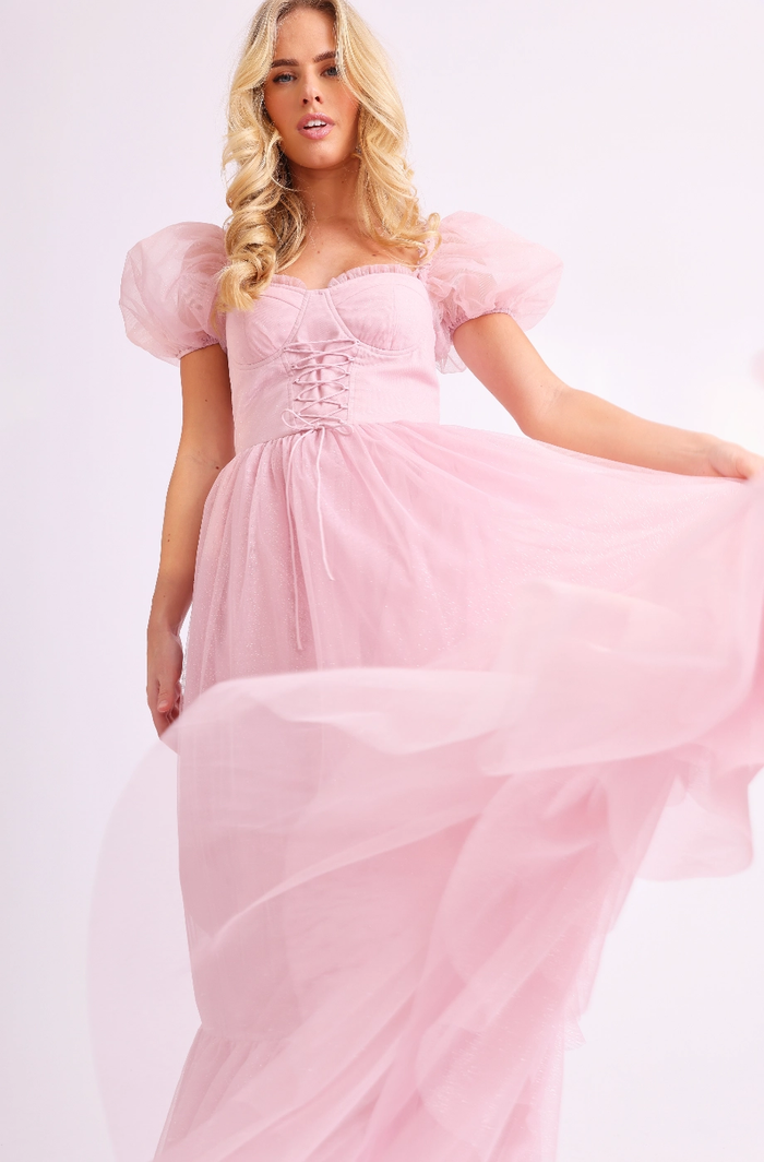 Amy Jane London Pink Tiffany Corset Bodice Sparkly Tulle Puff Sleeve Sweetheart Neck Maxi Gown - House Of Huntington