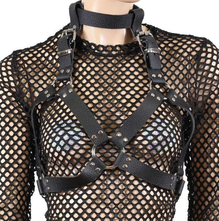 Black Vegan Leather Wide Bra Style Vegan Leather Harness With Choker