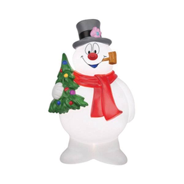 The Blow Mold – Frosty the Snowman with Tree - 24” by Available for Pick-Up & Delivery features a smiling snowman in a black top hat, red scarf, and holding a decorated tree—ideal for outdoor Christmas décor.