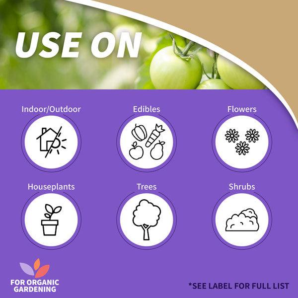 Infographic titled Use On with six icons: Indoor/Outdoor, Edibles, Flowers, Houseplants, Trees, and Shrubs. Bonide Captain Jack’s™ Neem Oil Ready-to-Use - qt. is great for organic gardening and pest control. See label for details.