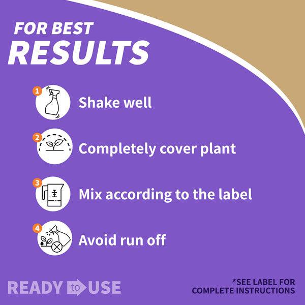 A purple instructional graphic for Bonide - Captain Jacks™ Neem Oil Ready-to-Use - qt. lists four steps: 1. Shake well, 2. Mix per label, 3. Spray to cover plant, 4. Avoid runoff. Ready to use appears at the bottom; ideal for organic gardening.