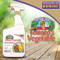 A spray bottle labeled Bonide Tomato & Vegetable 3-in-1 Ready-to-Use sits on a wooden surface, displaying the All Delivery Options brand and indicating it protects tomatoes and vegetables from insects and fungal diseases.