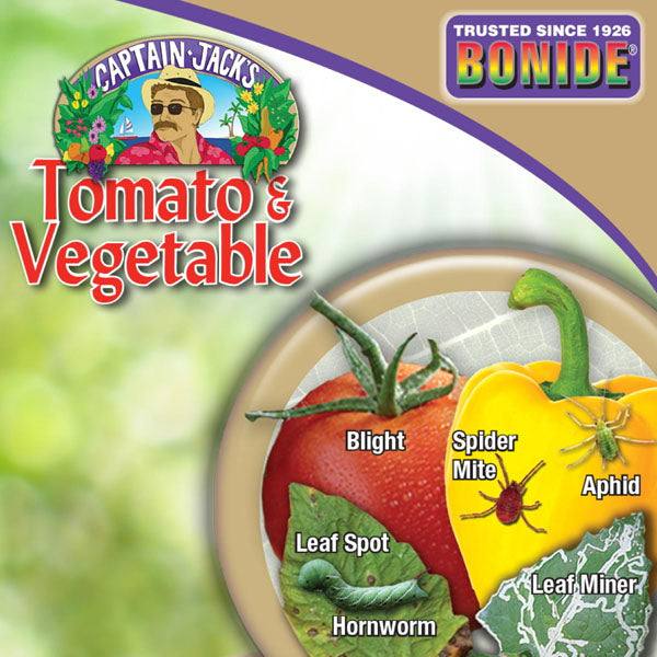 Label for Bonide Tomato & Vegetable 3-in-1 Ready-to-Use by All Delivery Options. The image features a tomato and yellow pepper with pests—blight, leaf spot, hornworm, spider mite, leaf miner, and aphid—showcasing its insect and disease control.