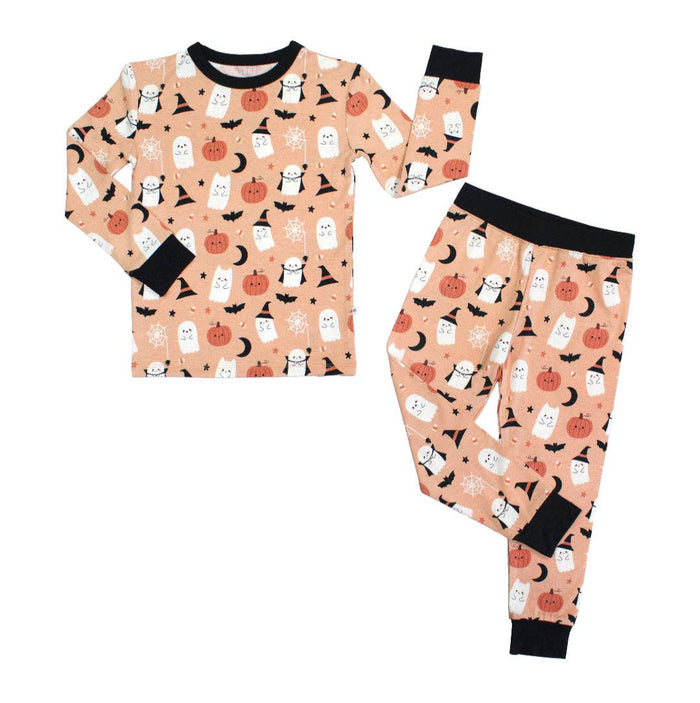 Boo-Tastic Glow-in-the-Dark Halloween Two-Piece Bamboo Long Sleeve Kids Pajama Pants Set: Orange/Multi / 3T