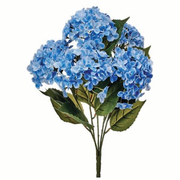 The All Delivery Options Bush – Artificial Hydrangea Stem - Blue features lifelike blue blooms and green leaves, perfect for elegant floral arrangements or decor, photographed against a white background.
