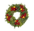 A festive green wreath resembling a Candle Ring - Royal Fruit, adorned with lifelike fruit like red berries and small apple-like ornaments, is framed by holiday greens and pine branches against a white background.