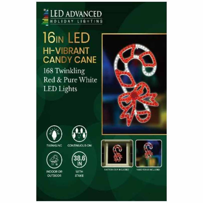 Packaging for Candy Cane with Bow - LED Outdoor Decor - 16" from Available for Pick-Up & Delivery. Features 168 red & white twinkling lights, red bow, and icons for twinkling, plug, stake, and outdoor/indoor use.