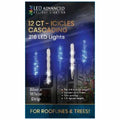 The Cascading Icicles Light Set – Blue & White features 12 hanging LED icicle lights with 216 LEDs and a drip effect. Perfect for outdoor rooflines and trees. Brand: Available for Pick-Up & Delivery. Images show glowing icicles in use.