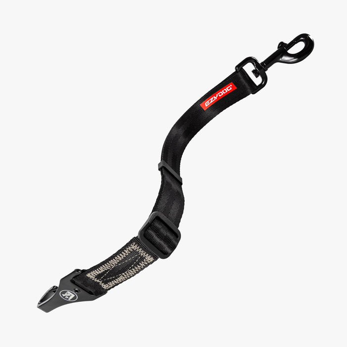 An adjustable black dog car restraint system, designed to click into a car's ISOFIX connection port.