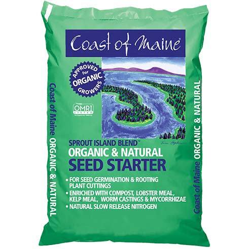 A green bag labeled Coast of Maine - Organic Seed Starter - 8 qt. by Pickup & Local Delivery Only, featuring a river and trees, highlights organic ingredients, natural compost, and supports seed germination and plant cuttings.