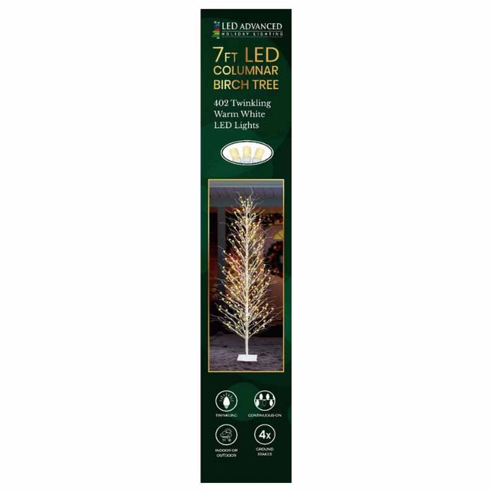 Box for Columnar Wire Birch Tree - LED Outdoor Decor - 5' by Available for Pick-Up & Delivery, featuring an image of the glowing tree plus icons for twinkling warm white LEDs, columnar shape, and energy efficiency—ideal for outdoor holiday décor.