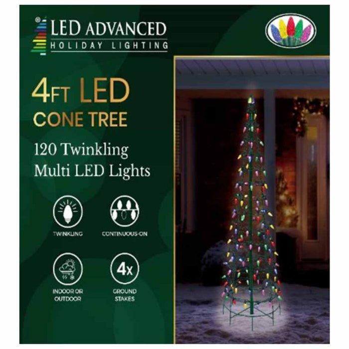 Cone Tree - LED Outdoor Decor - 4', Available for Pick-Up & Delivery. Features 120 twinkling multicolored lights, steady or twinkle modes, for indoor/outdoor use, and includes ground stakes. Shown lit outdoors at night.