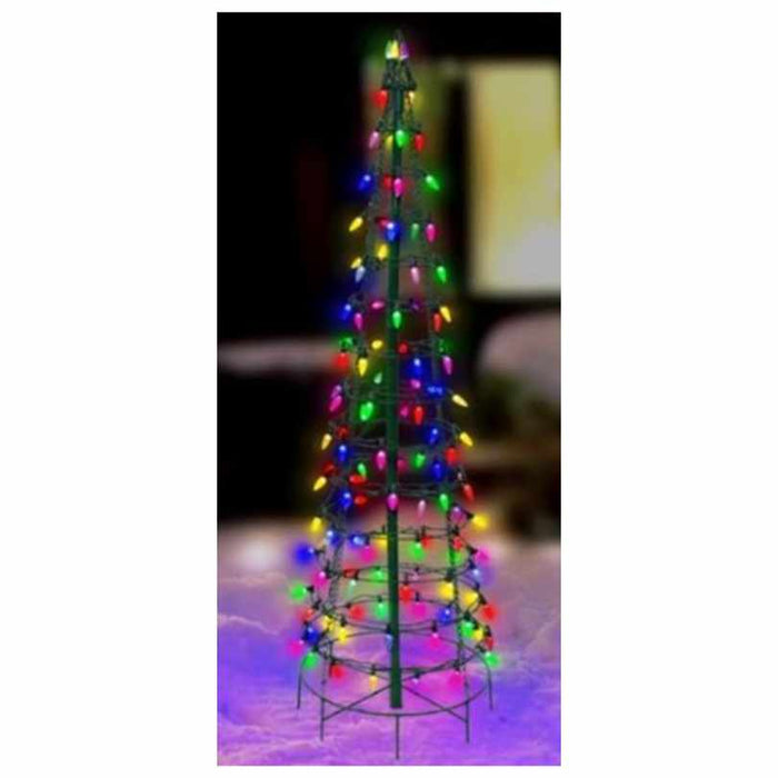 The 4' Cone Tree - LED Outdoor Decor from Available for Pick-Up & Delivery shines with large, multicolored red, green, blue, and yellow lights, creating a striking holiday display for your outdoor space.