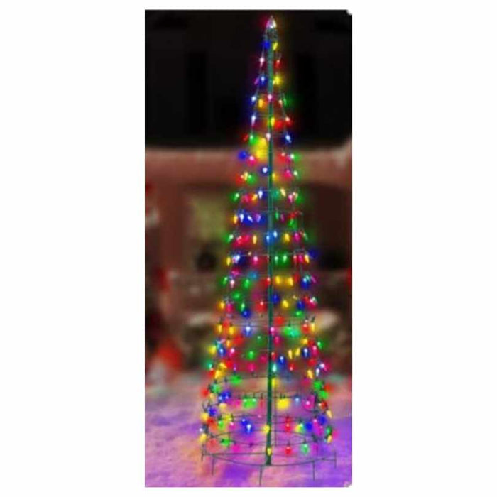 The Cone Tree - LED Outdoor Decor - 6', by Available for Pick-Up & Delivery, features a tall metal frame with red, green, blue, and yellow LED lights, perfect for outdoor holiday displays.