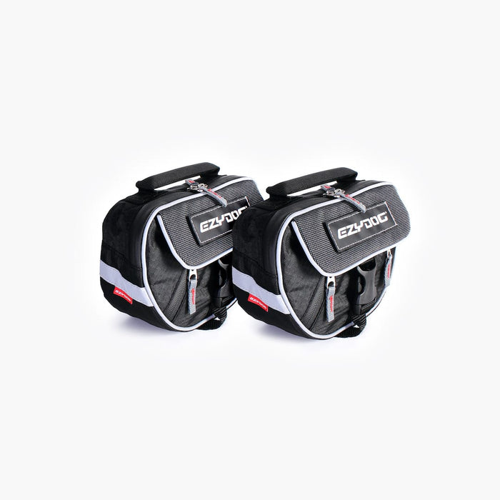 Two black and gray saddle bags with 'Ezy-Dog' branding on a white background