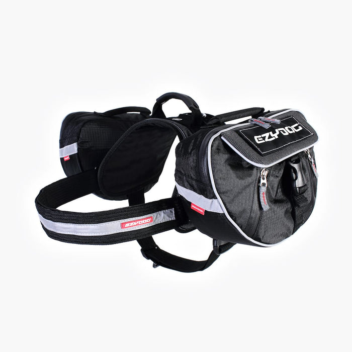 Black dog harness with reflective stripes and visible branding on a white background