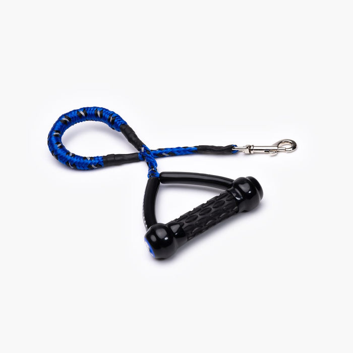 A black and blue shock-absorbing dog leash with a handle and metal clasp.