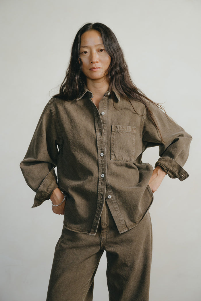 Denim Marcie Shirt, Recycled Denim, Vintage Brown