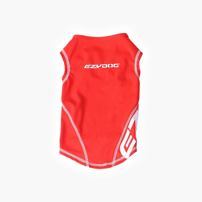 A red dog rashie shirt with white trim and the brand 'EzyDog' printed on the front.