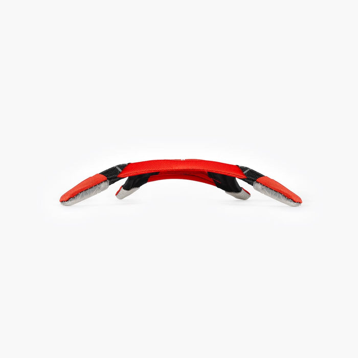 Red and black curved object on a white background