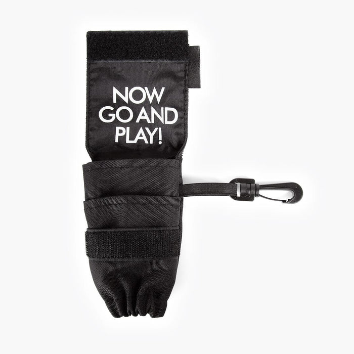 Black pouch with 'NOW GO AND PLAY!' text on a white background