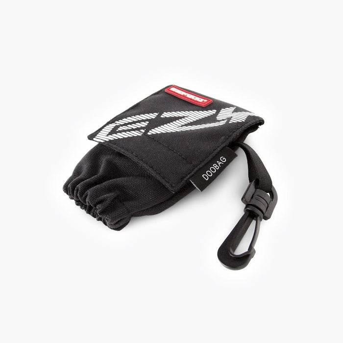 Black pouch with white pattern and red label on a white background