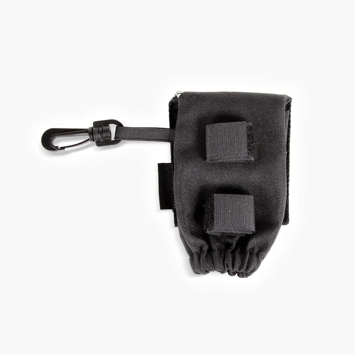 Black pouch with carabiner clip on a white background